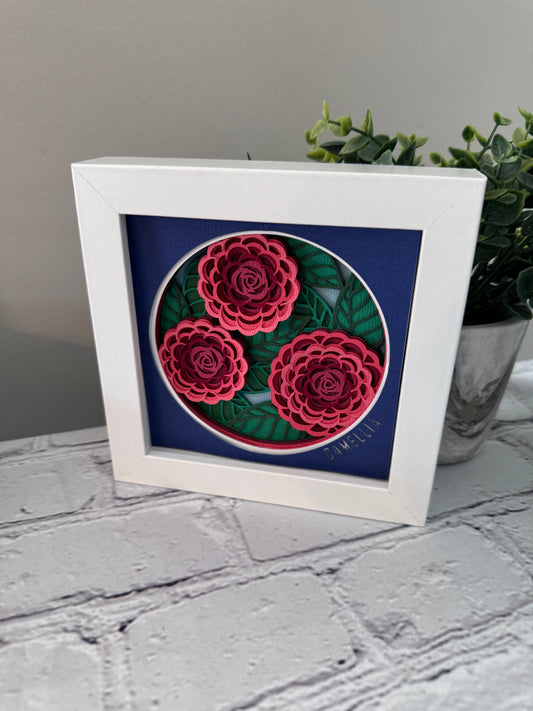 Camellia mini 3D paper art in a shadowbox