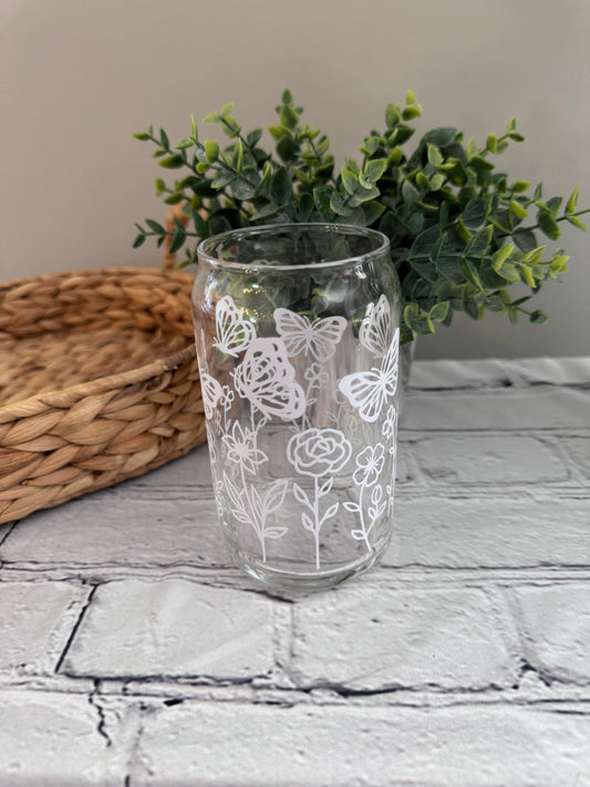 Floral with butterflies beer can glass
