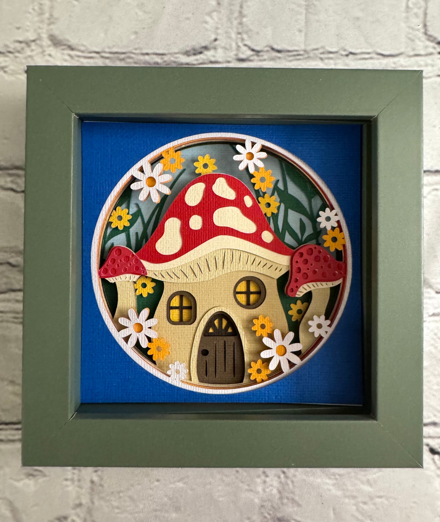 Mushroom house mini 3D paper art in a shadowbox