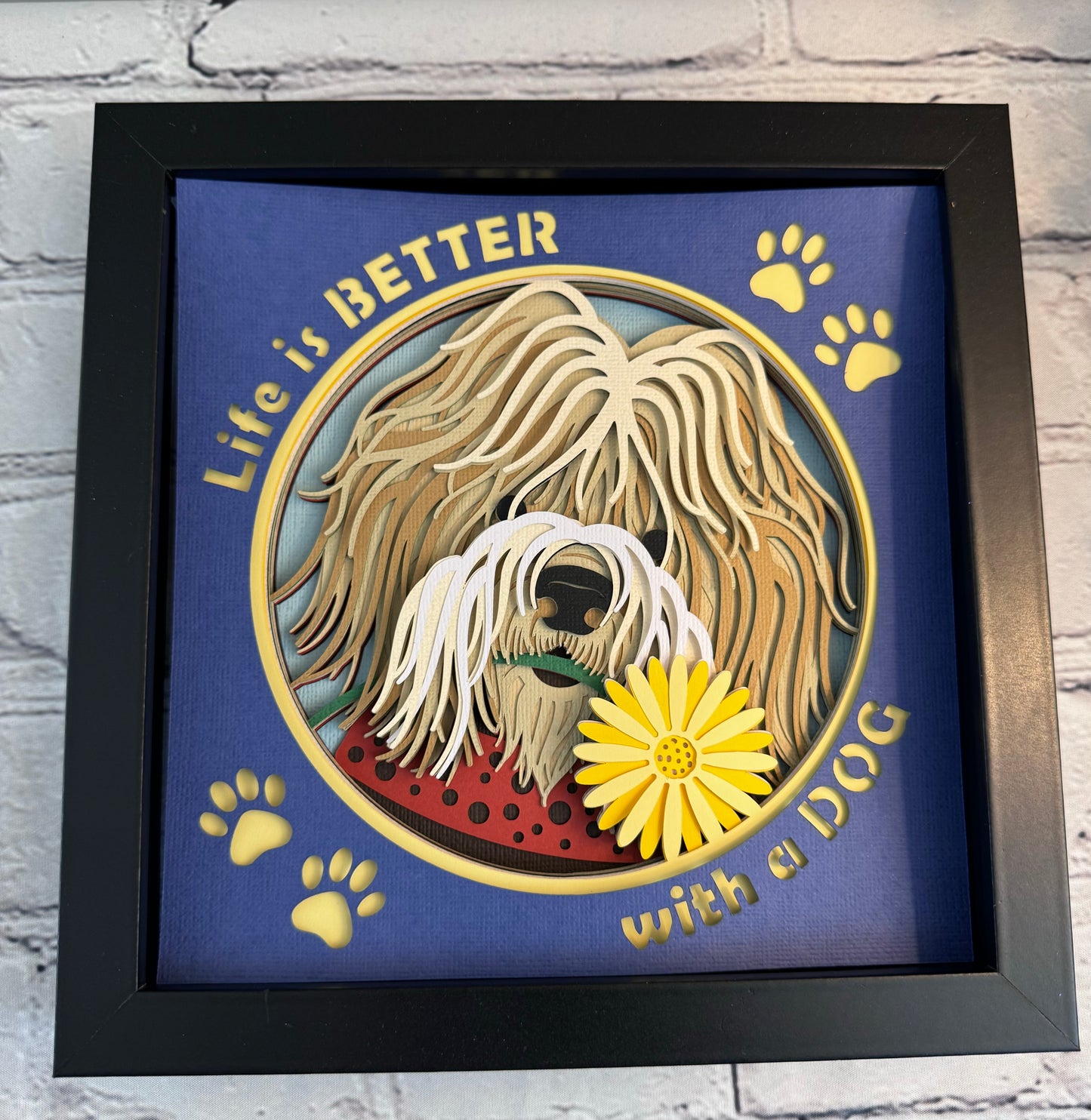 Life is better with a dog 3D paper art in a shadowbox