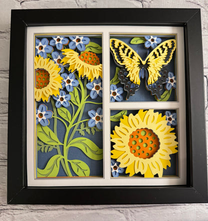 Butterfly 3 panel scene tiger swallowtail butterfly 3D paper art in a shadowbox