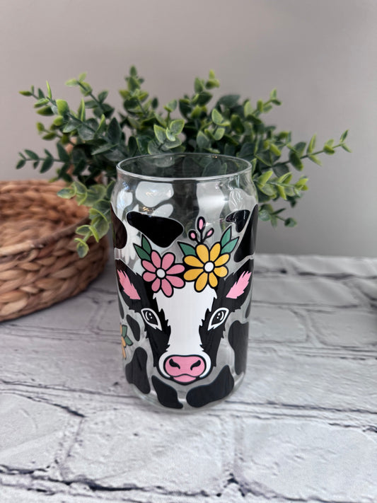 Cow (black and white) with flowers beer can glass