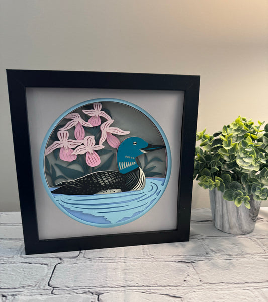 Loon with pink flowers 3D paper art in a shadowbox