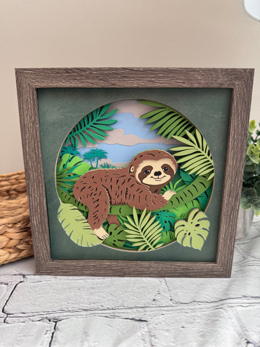 Sloth in the trees 3D paper art in a shadowbox