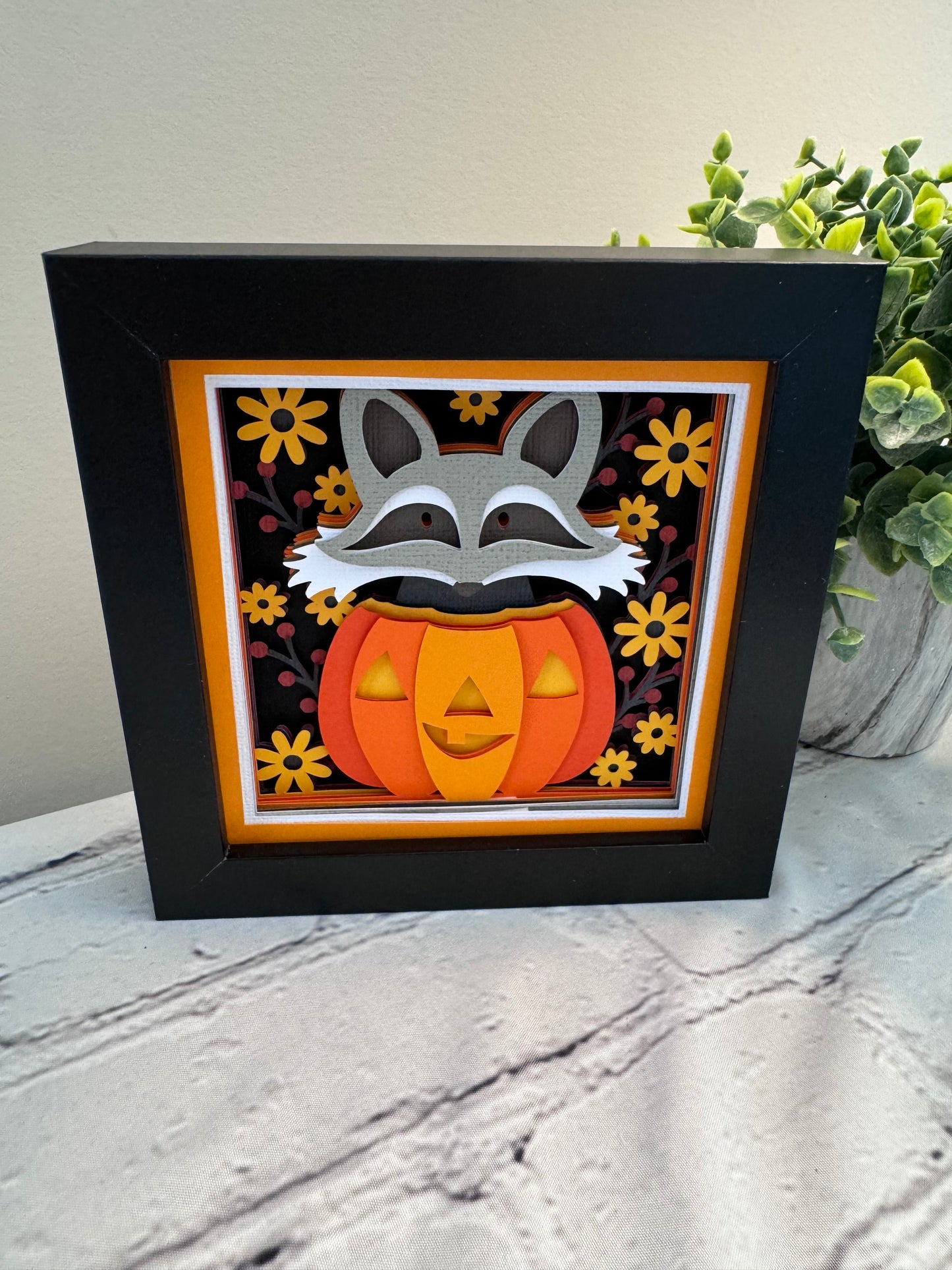 Fall raccoon in a pumpkin mini 3D paper art in a shadowbox