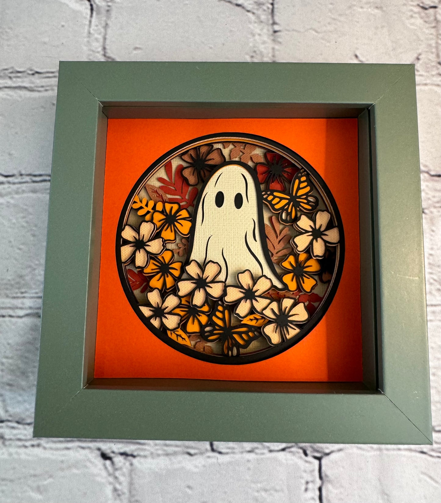 Ghost with flowers mini 3D paper art in a shadowbox