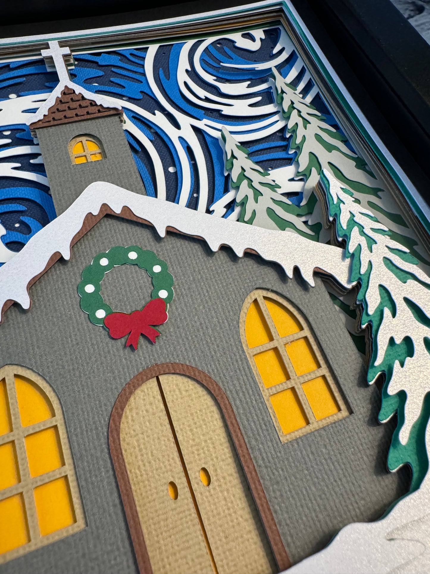 Christmas church swirly skies 3D paper art shadowbox