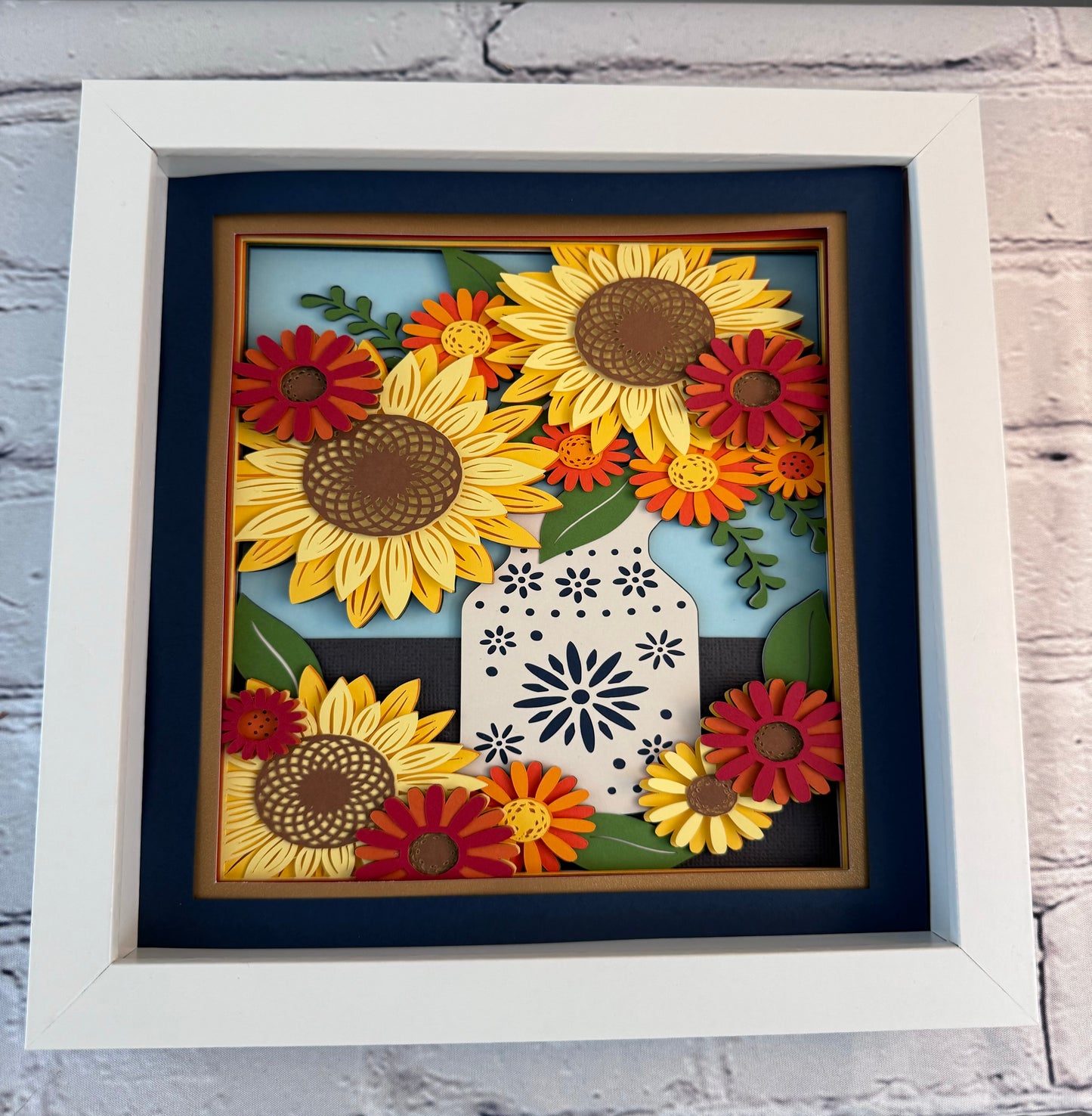 Fall flowers in a cornflower pitcher 3D paper art in a shadowbox