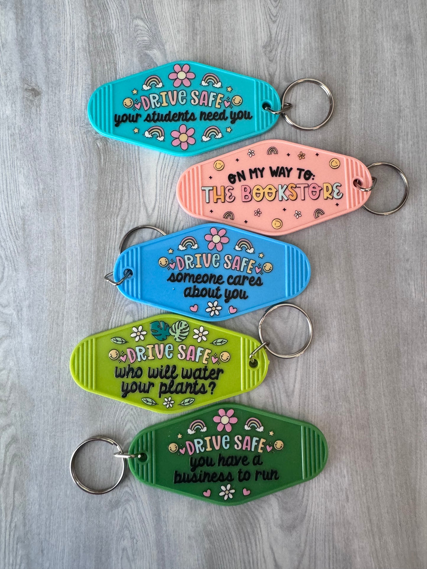 Drive safe, someone cares about you retro motel keychain