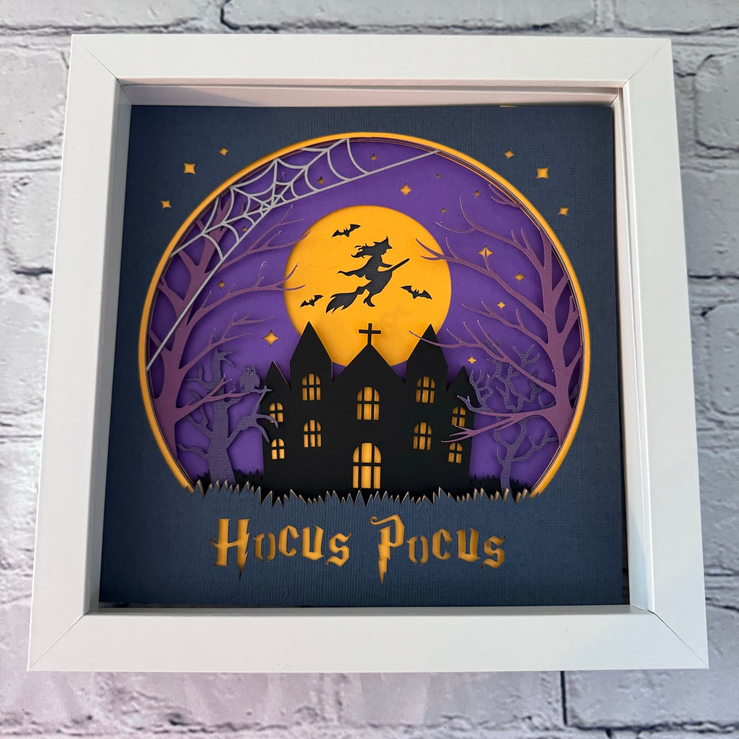 Purple hocus pocus witch flying design 3D paper art in a shadowbox