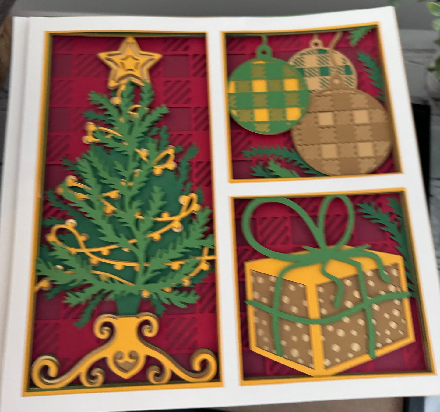 Christmas three panel tree, ornaments and present 3D paper art in a shadowbox