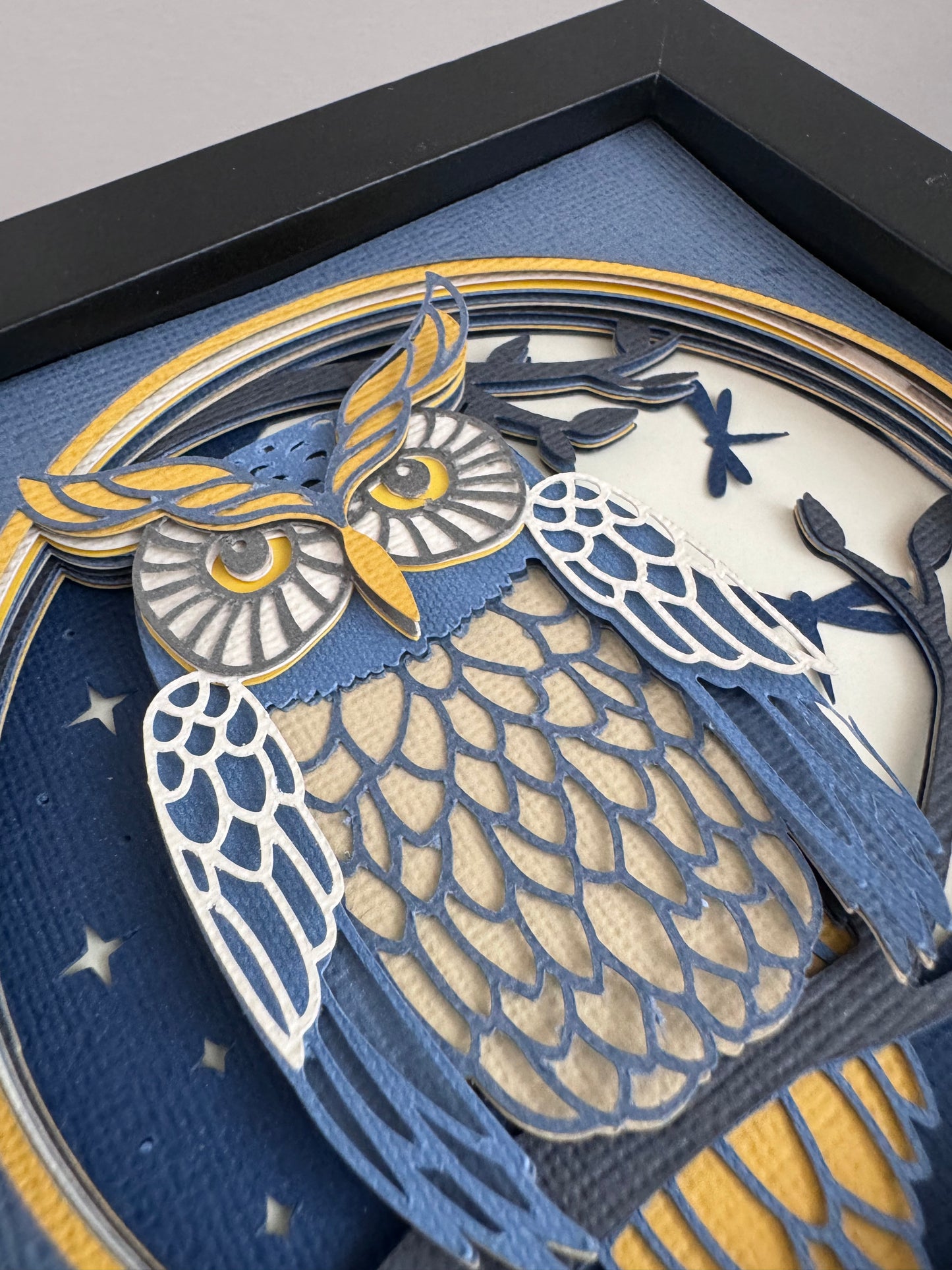 Owl nighttime scene mini 3D paper art in a shadowbox