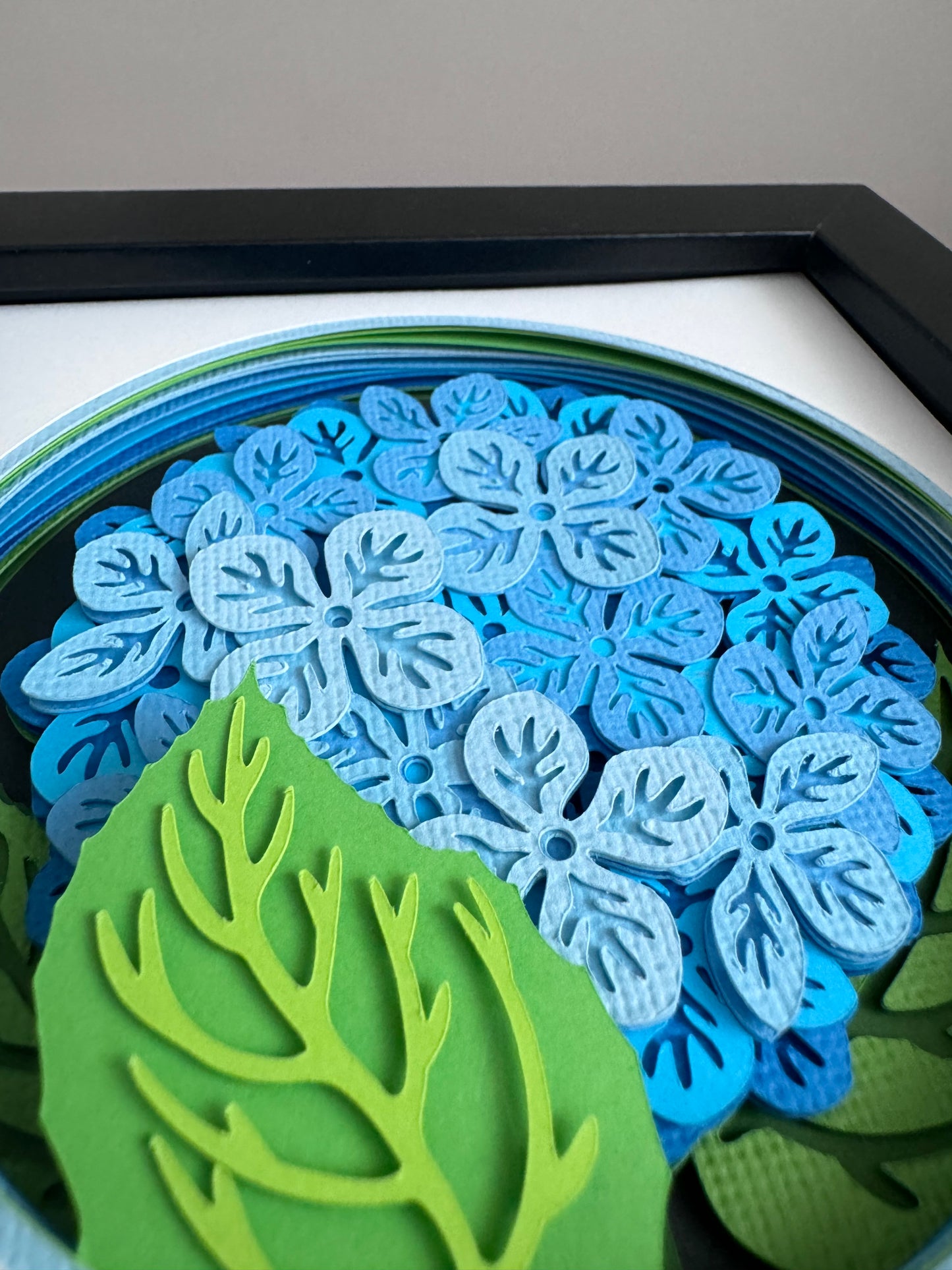 Hydrangea branch flowers mini 3D paper art in a shadowbox