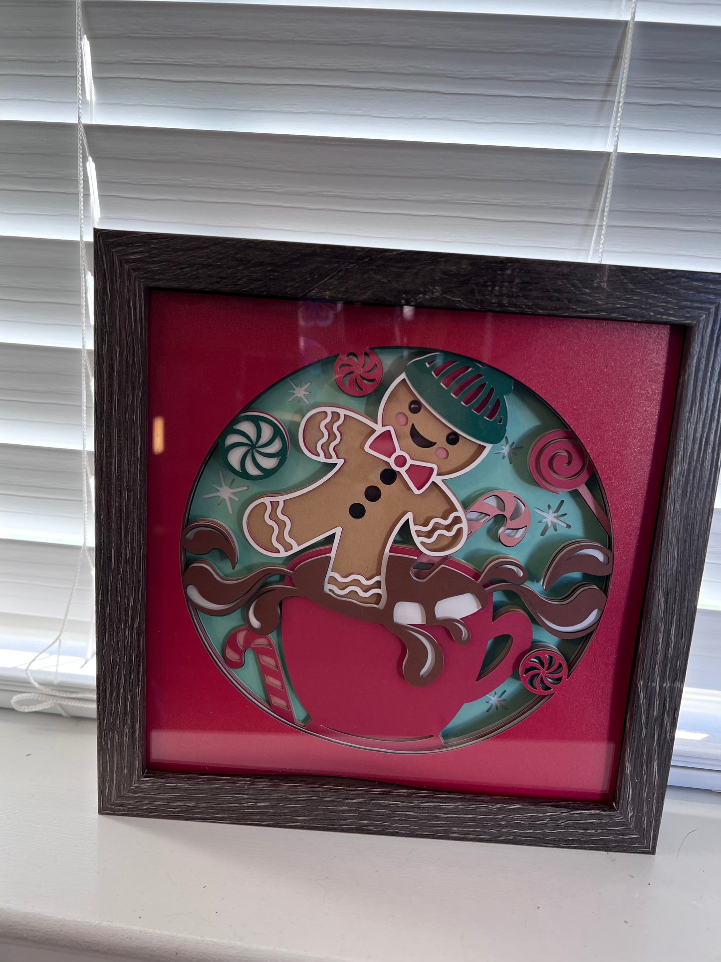 Gingerbread and cocoa 3D paper art in a shadowbox