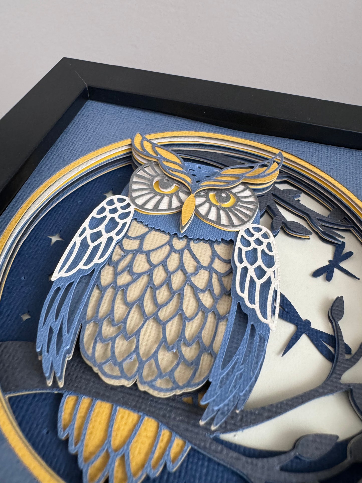 Owl nighttime scene mini 3D paper art in a shadowbox