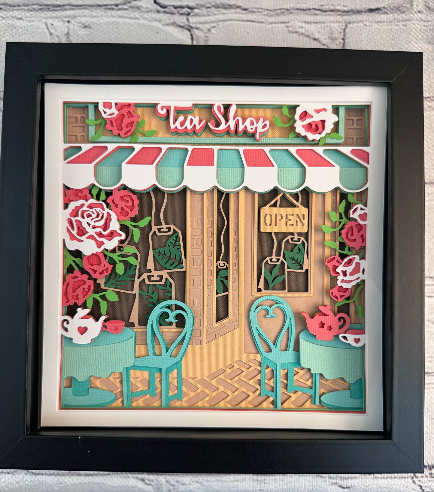 Tea shop 3D paper art in a shadowbox