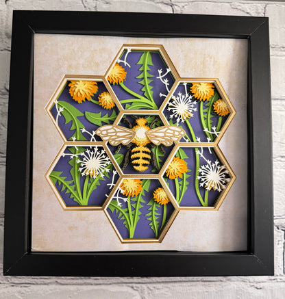 Bee scene honeycomb shape with dandelions 3D paper art in a shadowbox