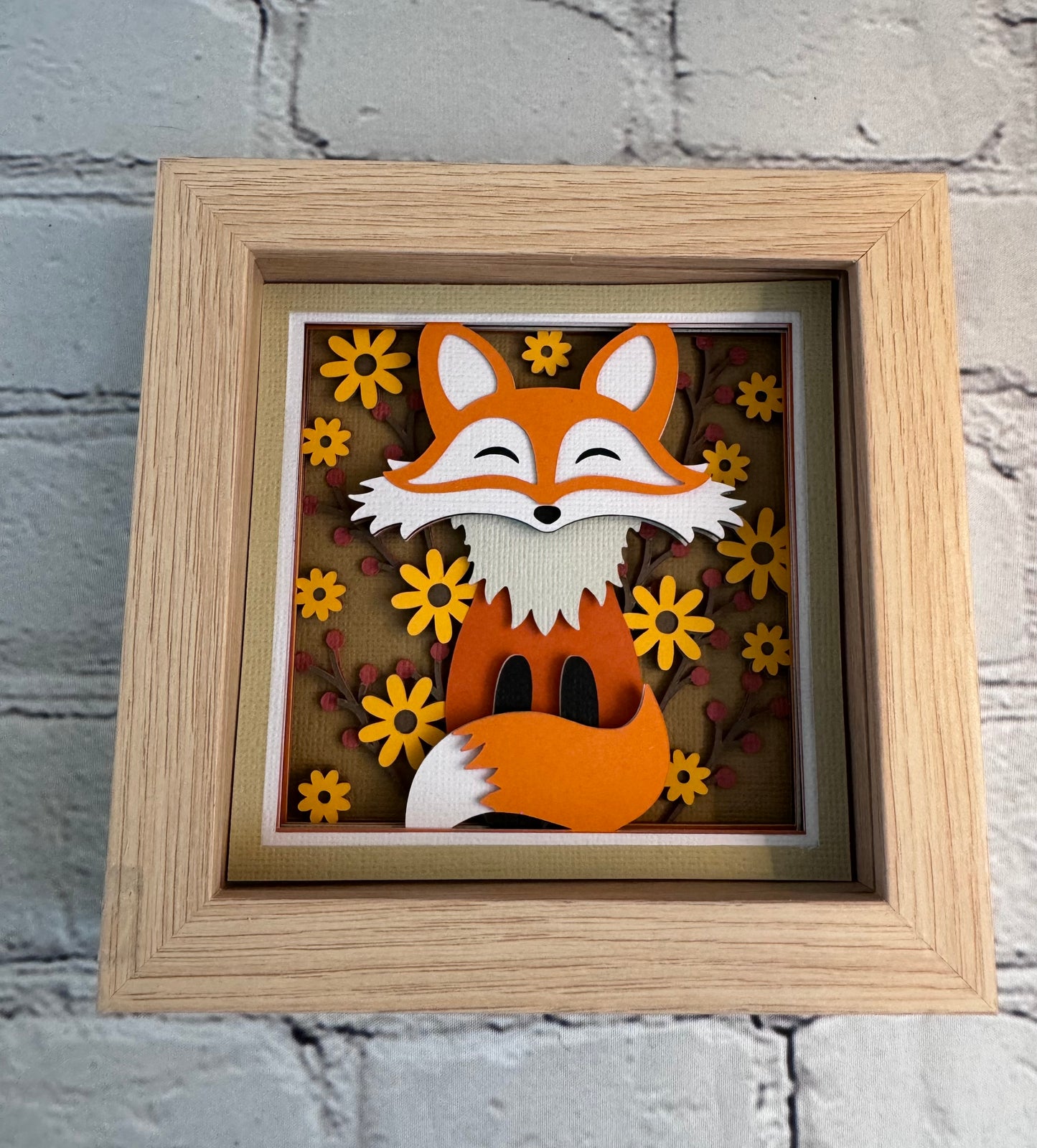 Fall fox mini 3D paper art in a shadowbox