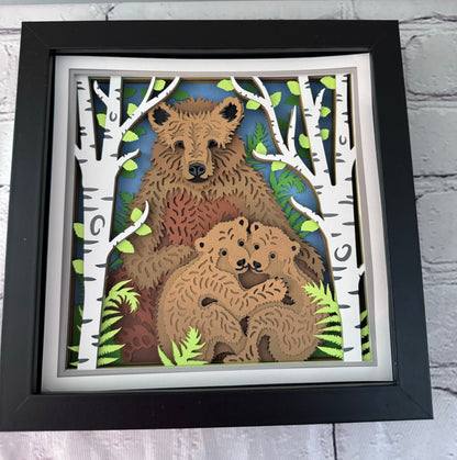 Brown bear family design 3D paper art in a shadowbox