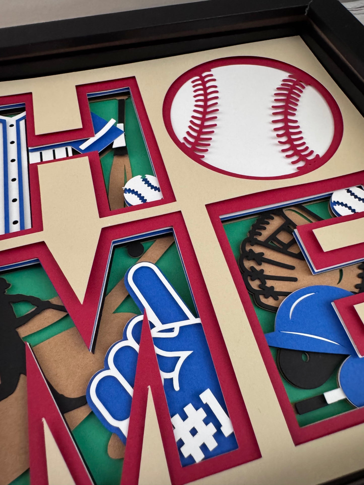 Home- Baseball 3D paper art in a shadowbox