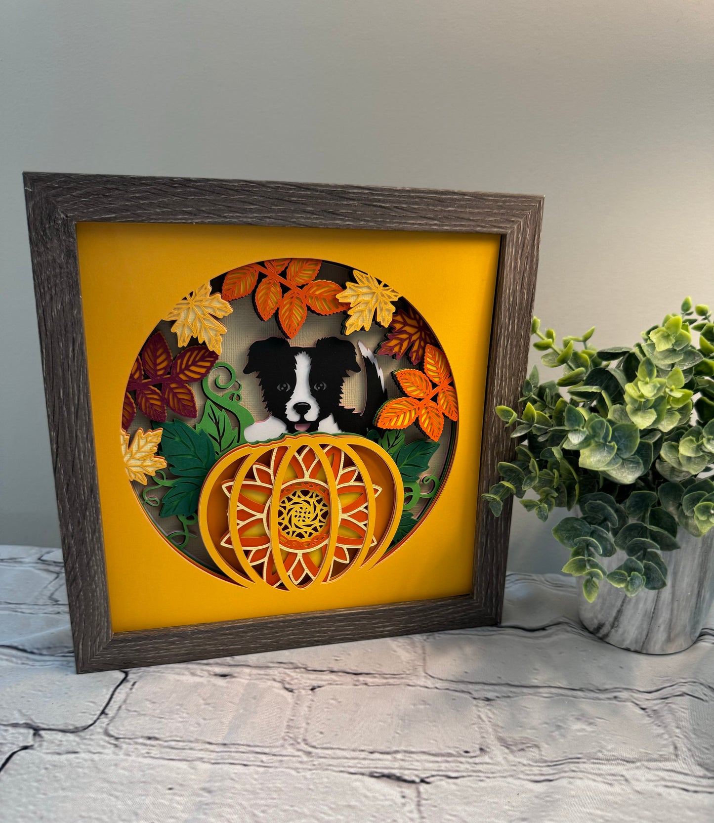 Dog in the pumpkin patch 3D paper art shadowbox