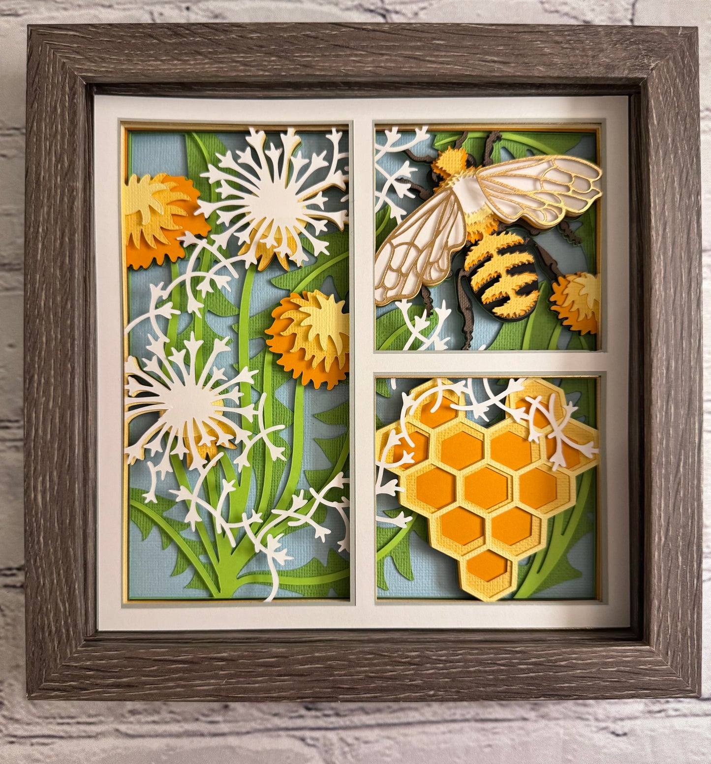 Bee scene three panel design 3D paper art in a shadowbox