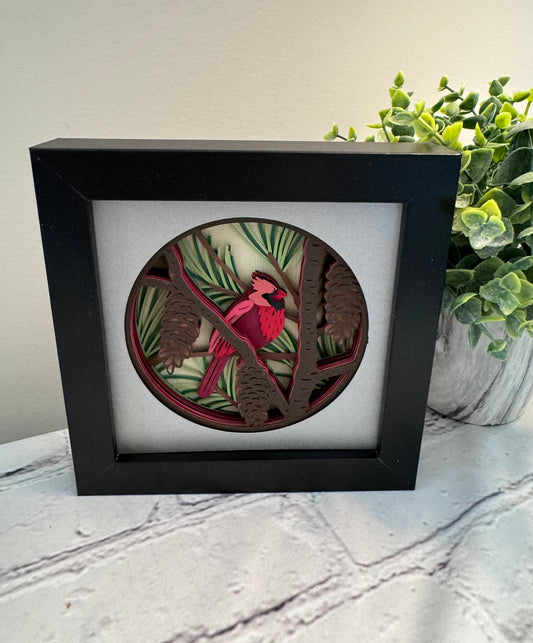 Cardinal in a tree mini 3D paper art in a shadowbox