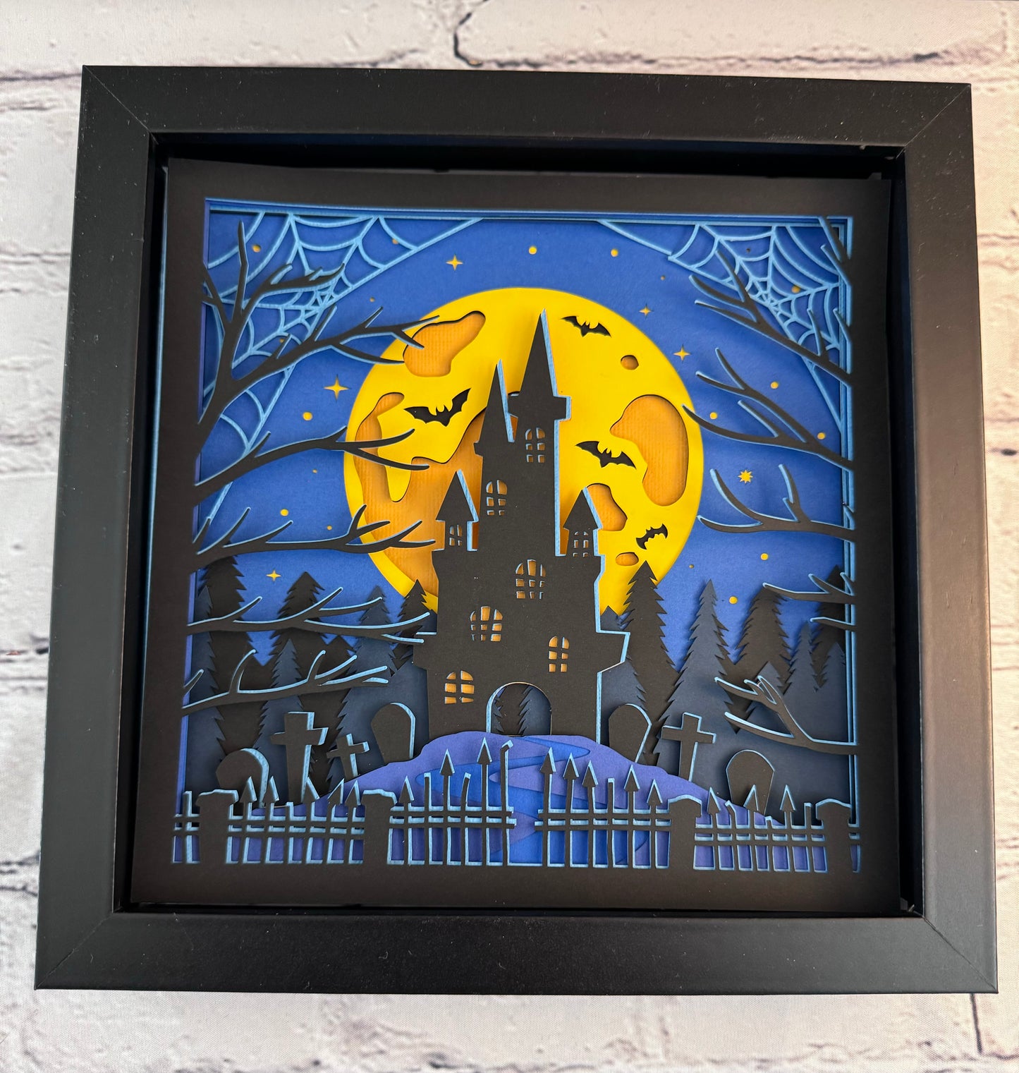 Halloween haunted house 3D paper art in a shadowbox