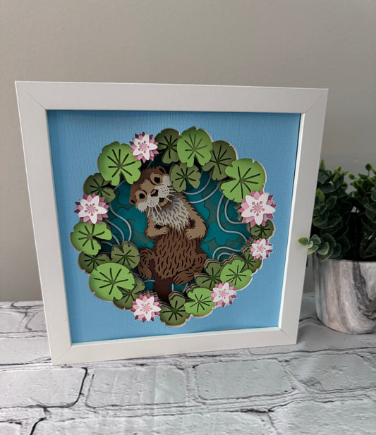 Otter with water lily design 3D paper art in a shadowbox