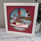 Fishing boat 3D paper art in a shadowbox