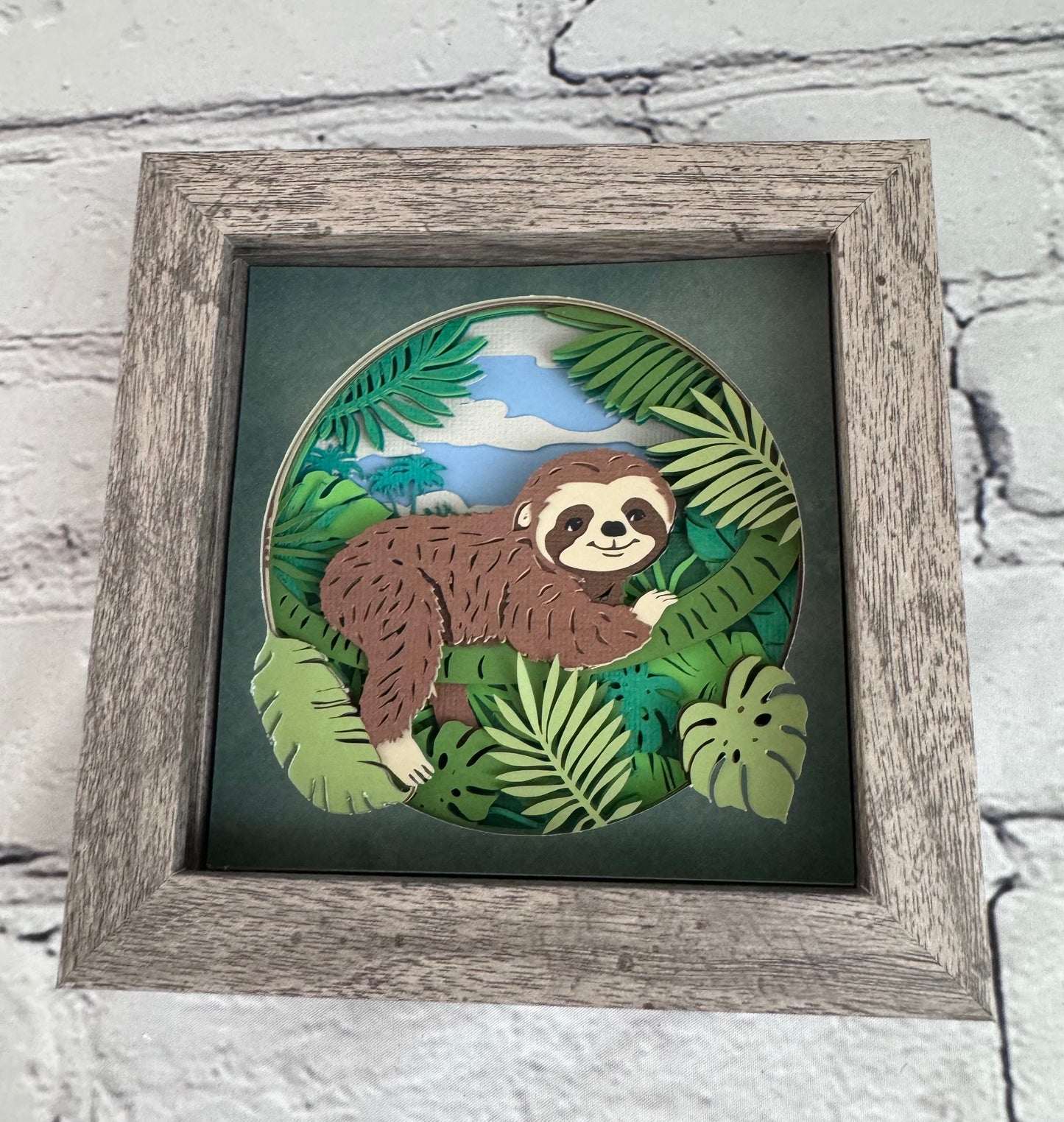 Sloth in the trees mini 3D paper art in a shadowbox