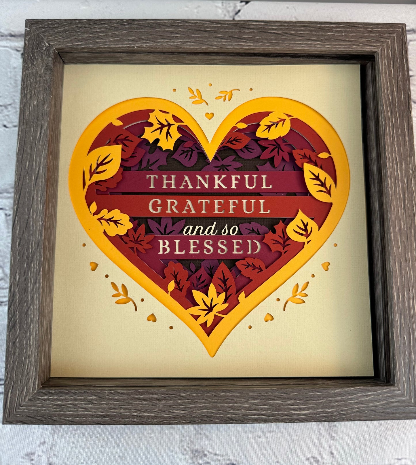 Thankful, grateful and so blessed heart 3D paper art in a shadowbox