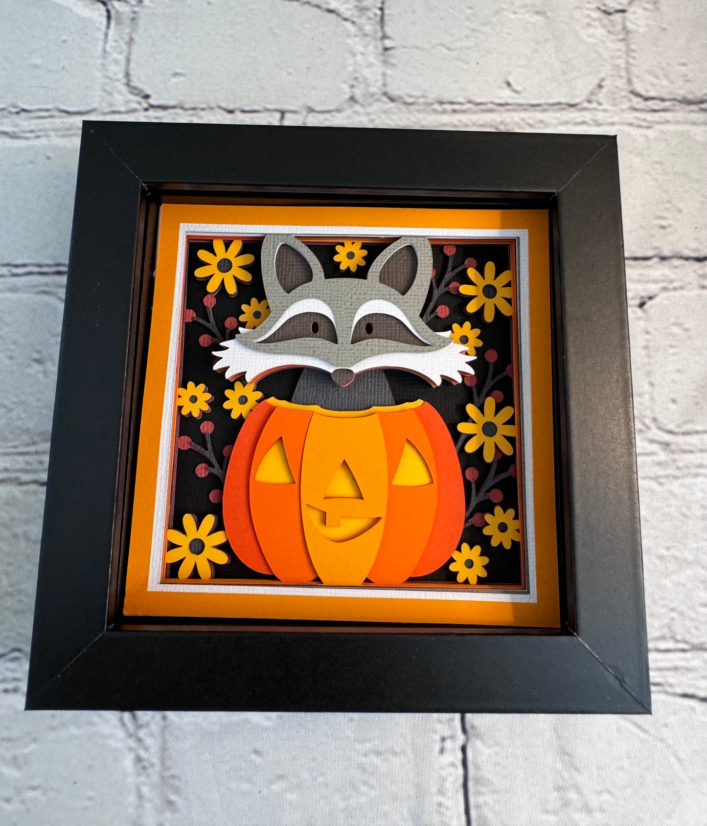 Fall raccoon in a pumpkin mini 3D paper art in a shadowbox