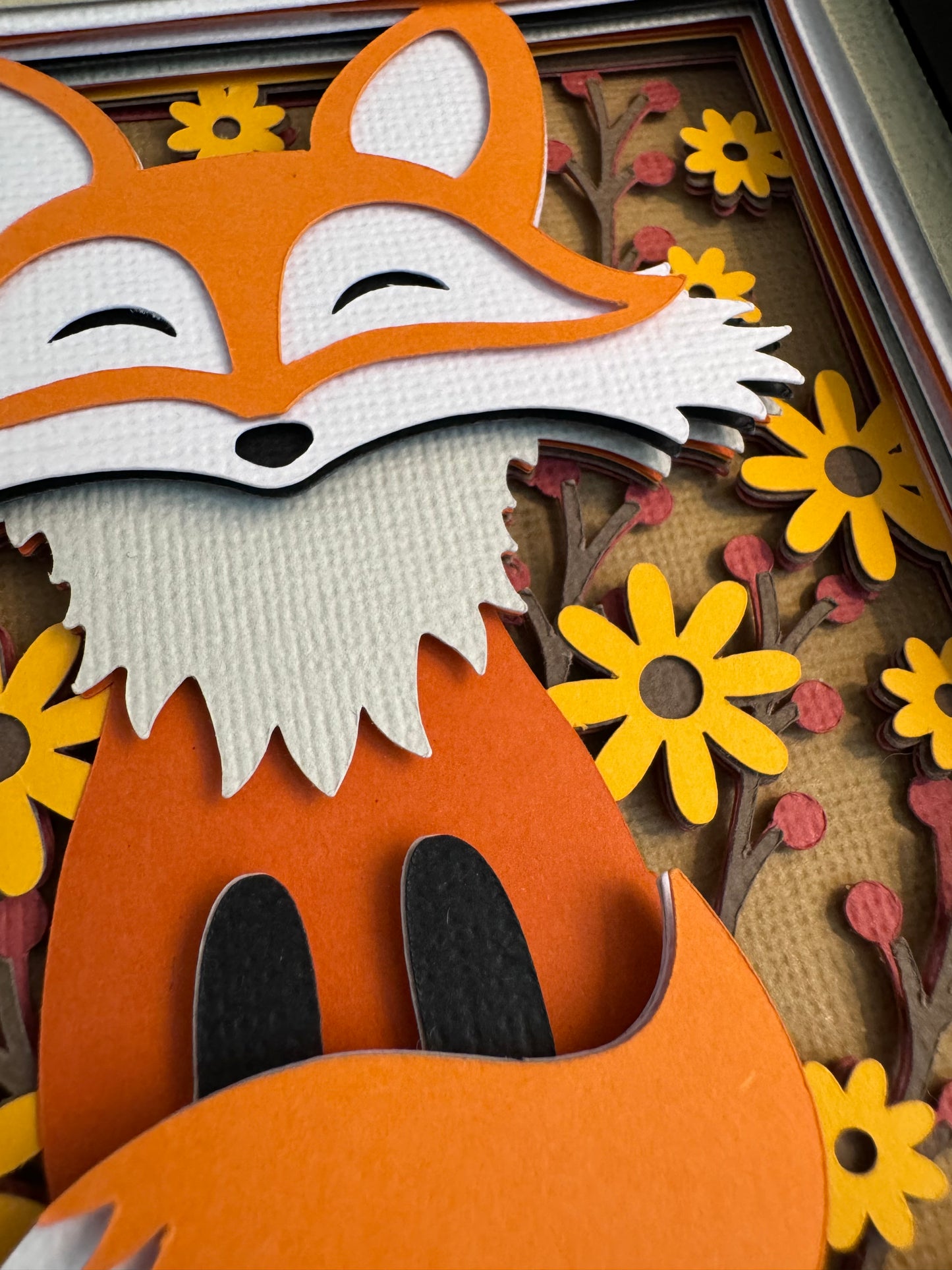 Fall fox mini 3D paper art in a shadowbox