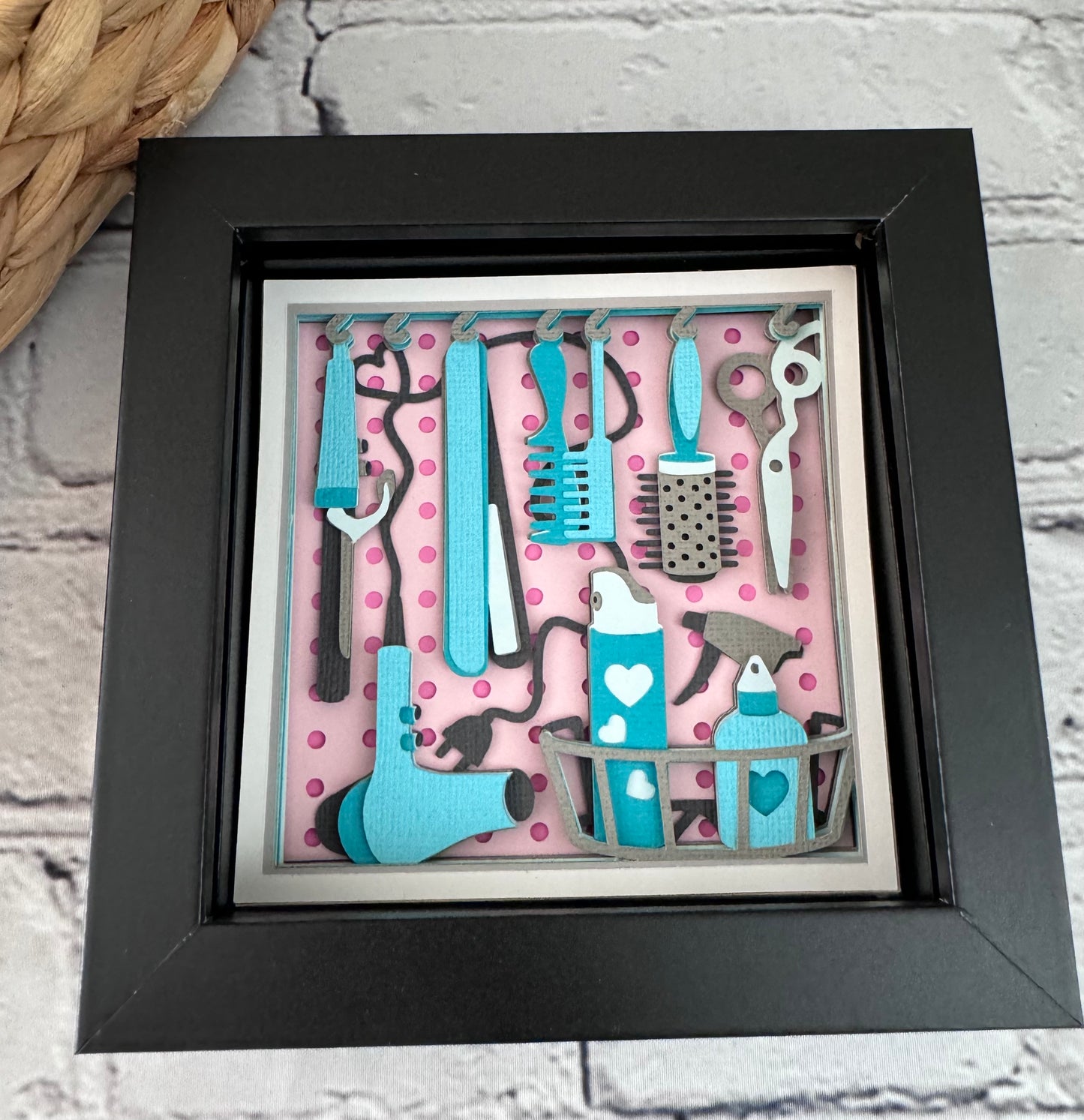 Hair dresser tools mini 3D paper art in a shadowbox