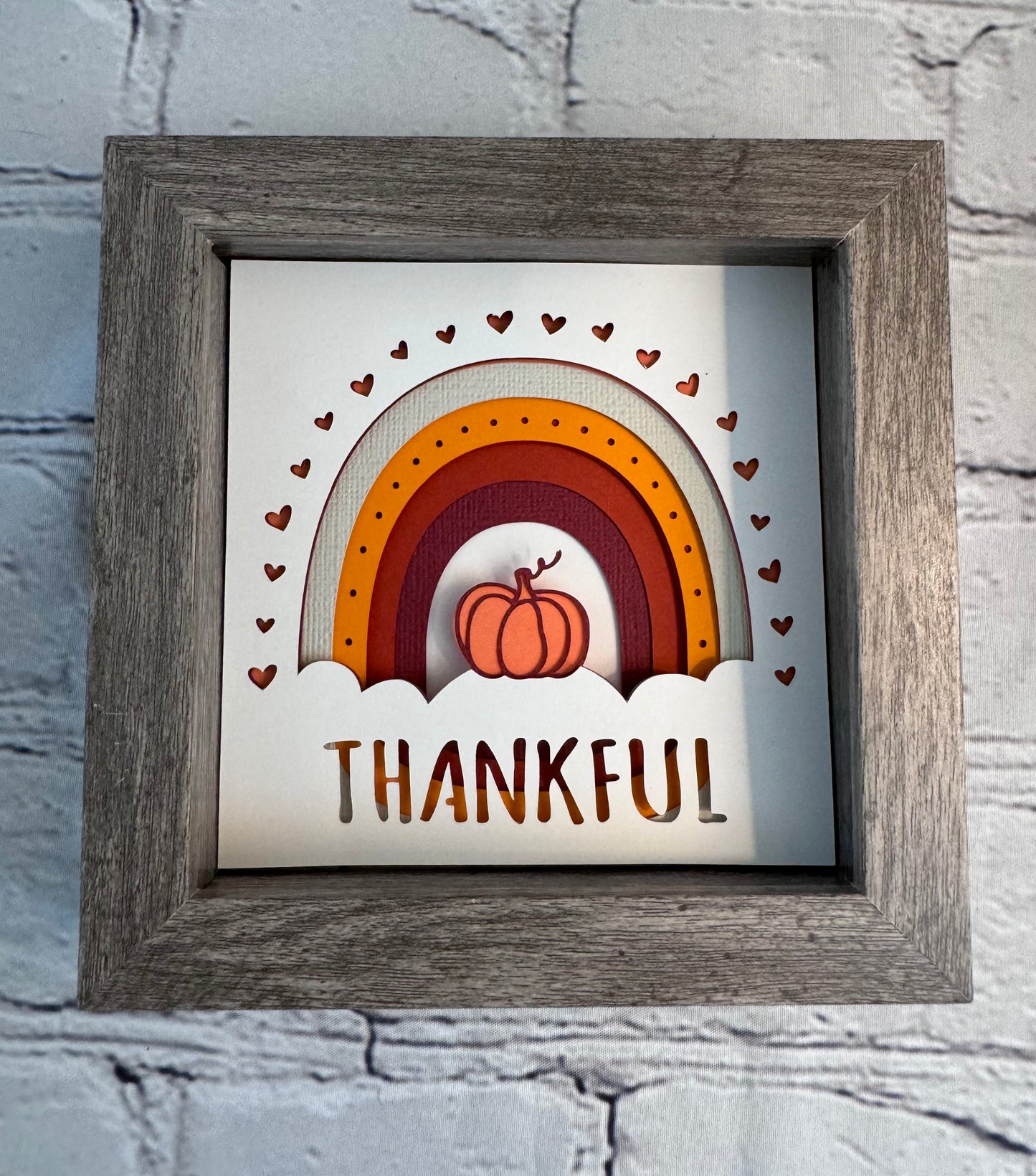 Thankful rainbow with pumpkin mini 3D paper art in a shadowbox