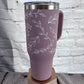 Floral outline 40oz handle tumbler with straw and slide lid