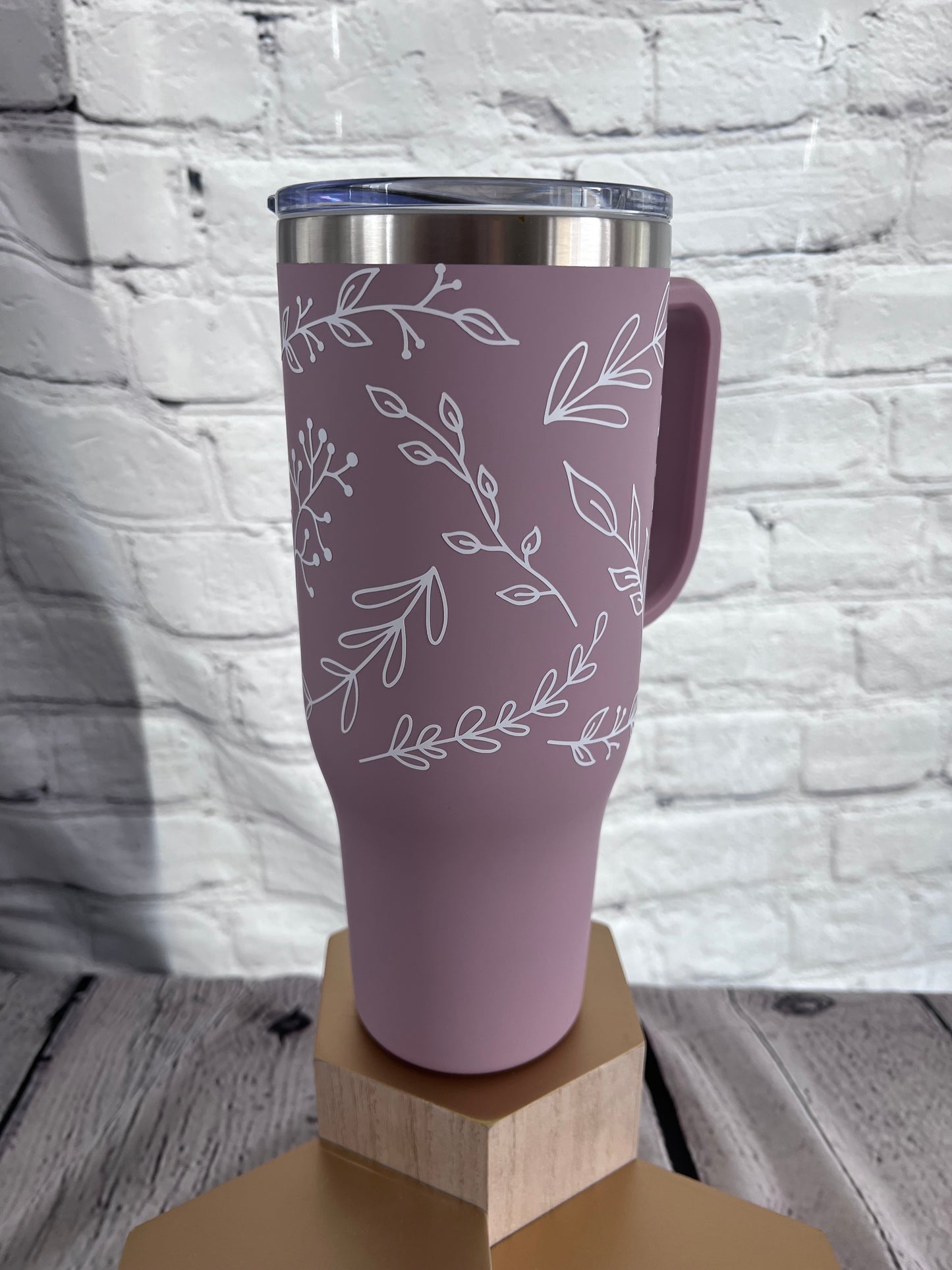 Floral outline 40oz handle tumbler with straw and slide lid