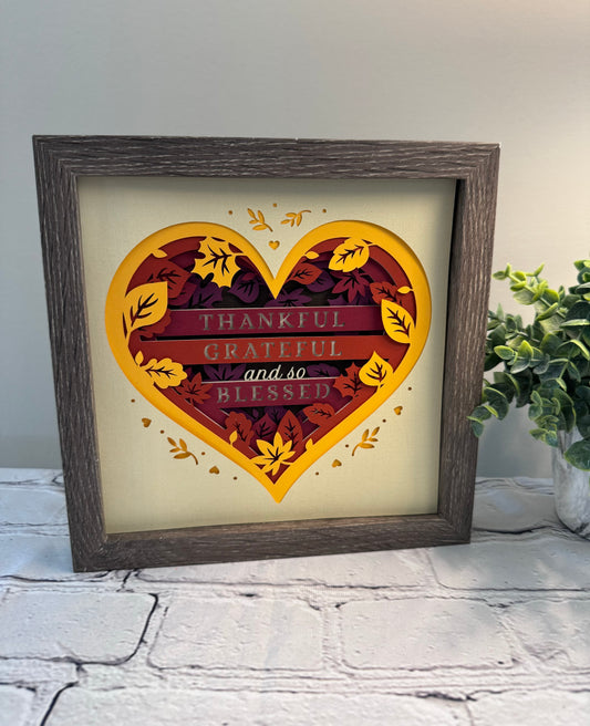 Thankful, grateful and so blessed heart 3D paper art in a shadowbox