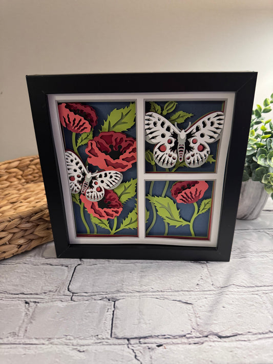 Butterfly 3 panel scene apollo butterfly 3D paper art in a shadowbox