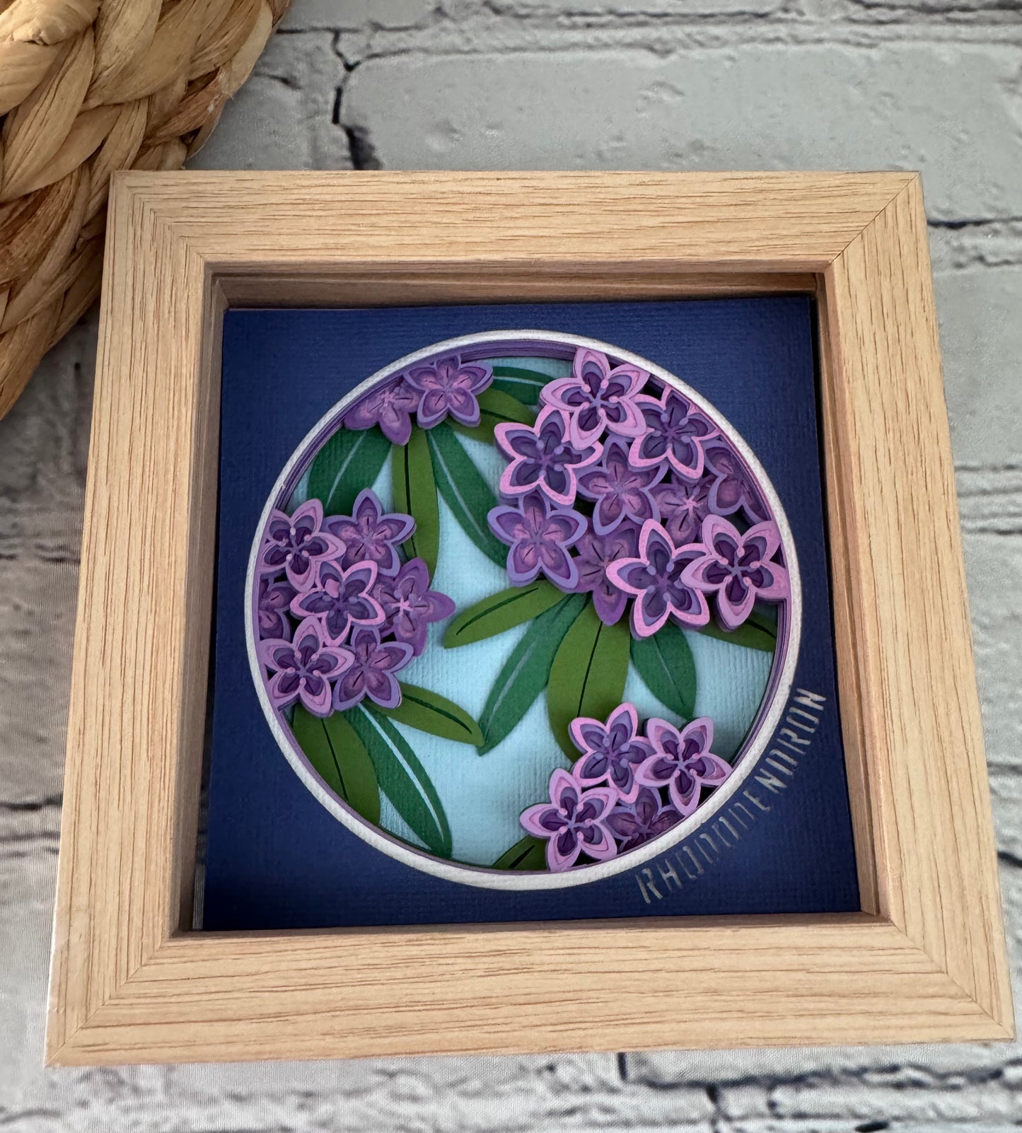 Rhododendron mini 3D paper art in a shadowbox