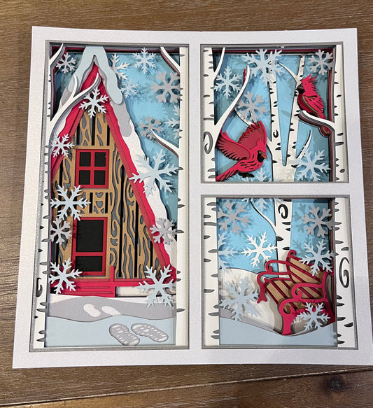 Winter cabin with cardinals 3D paper art in a shadowbox