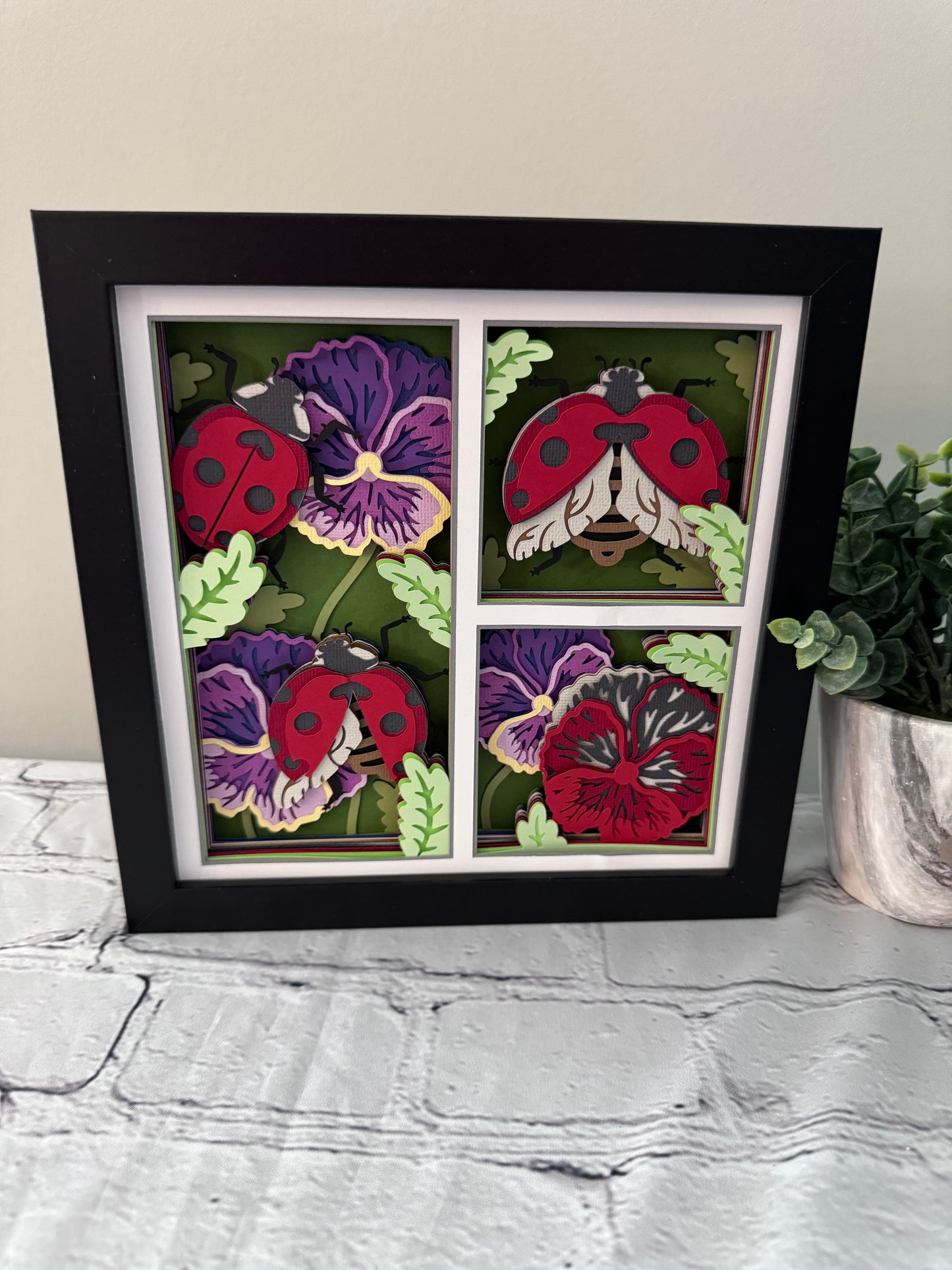 Ladybug and flowers design 3D paper art in a shadowbox