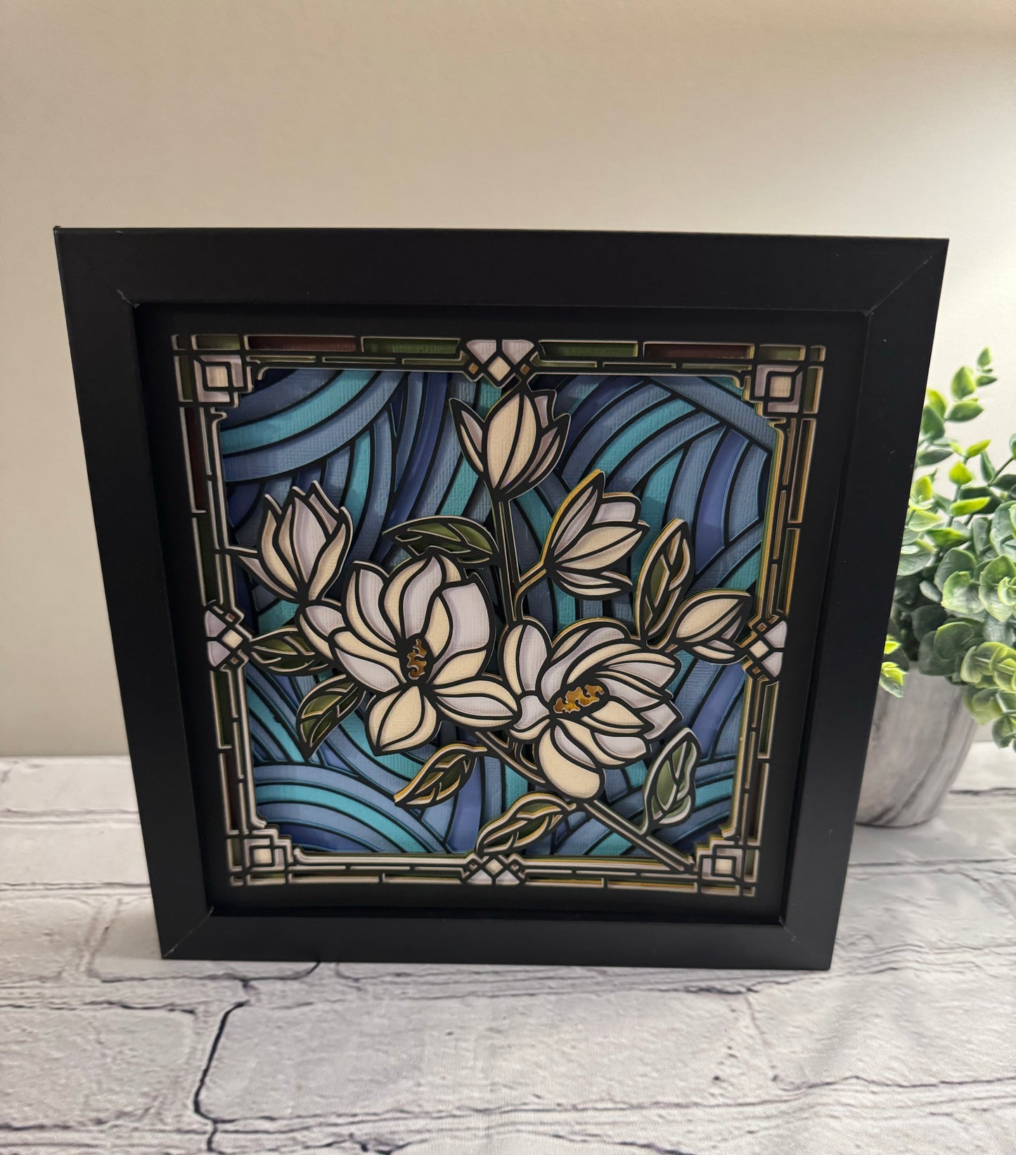 Stained glass magnolia 3D paper art in a shadowbox