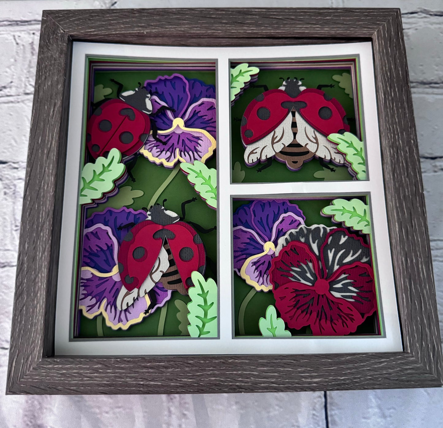 Ladybug and flowers design 3D paper art in a shadowbox