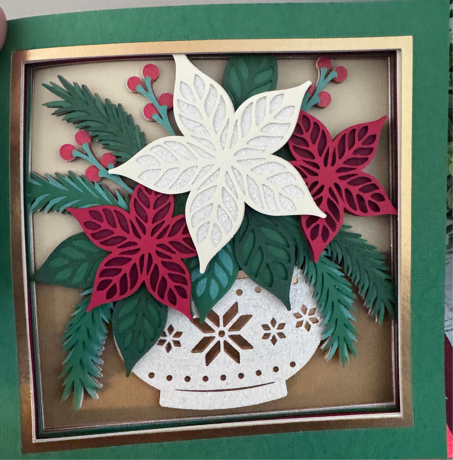 Poinsettia arrangement 3D paper art in a shadowbox