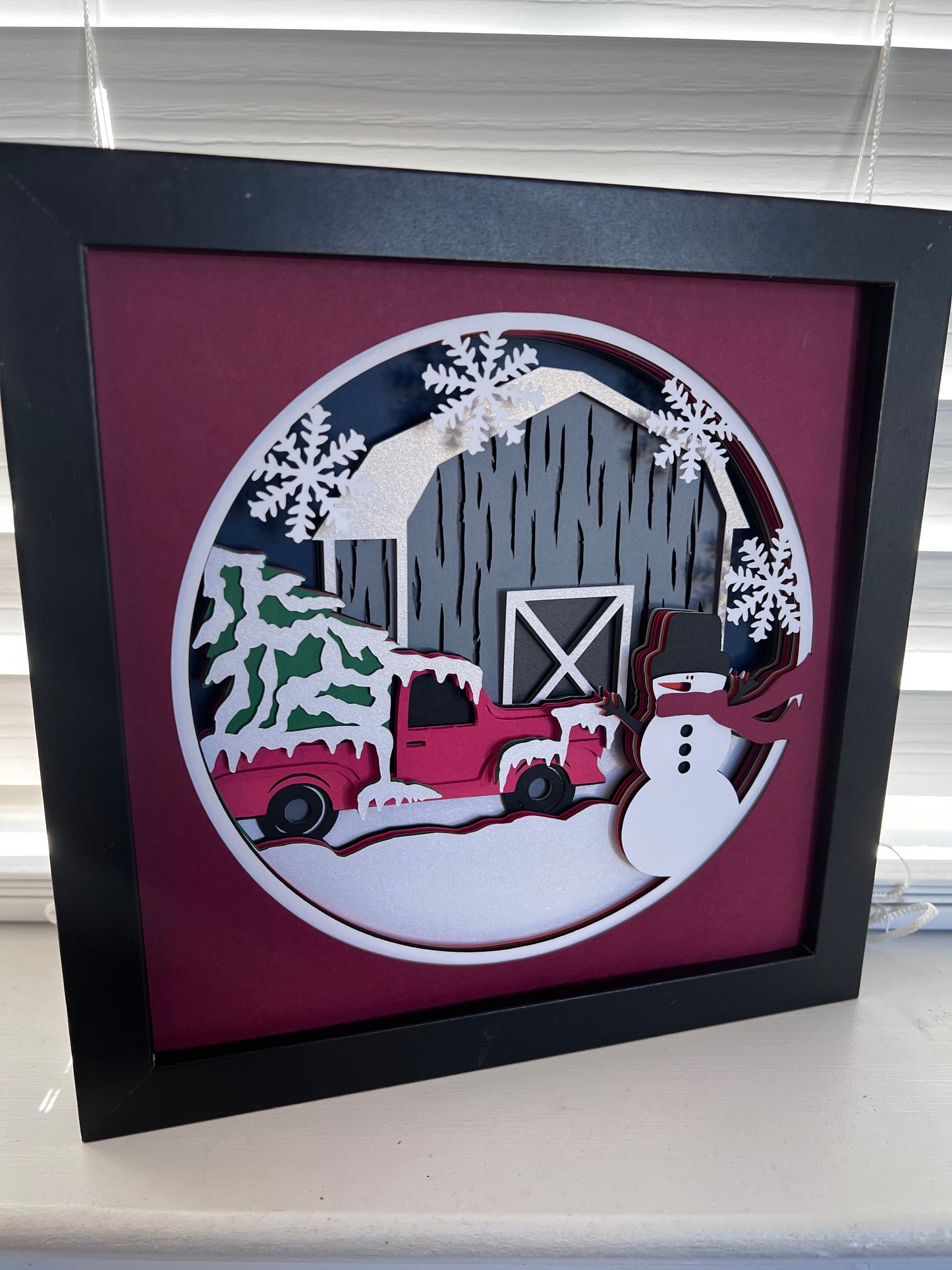 Snowman with truck and barn 3D paper art in a shadowbox