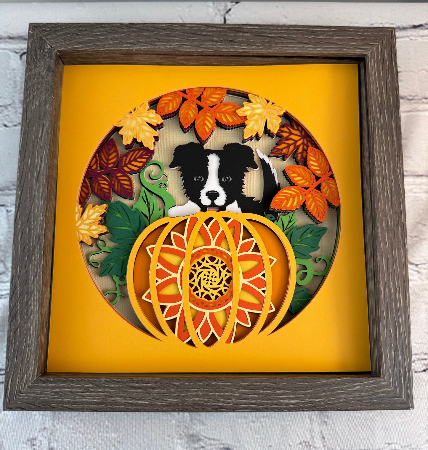 Dog in the pumpkin patch 3D paper art shadowbox