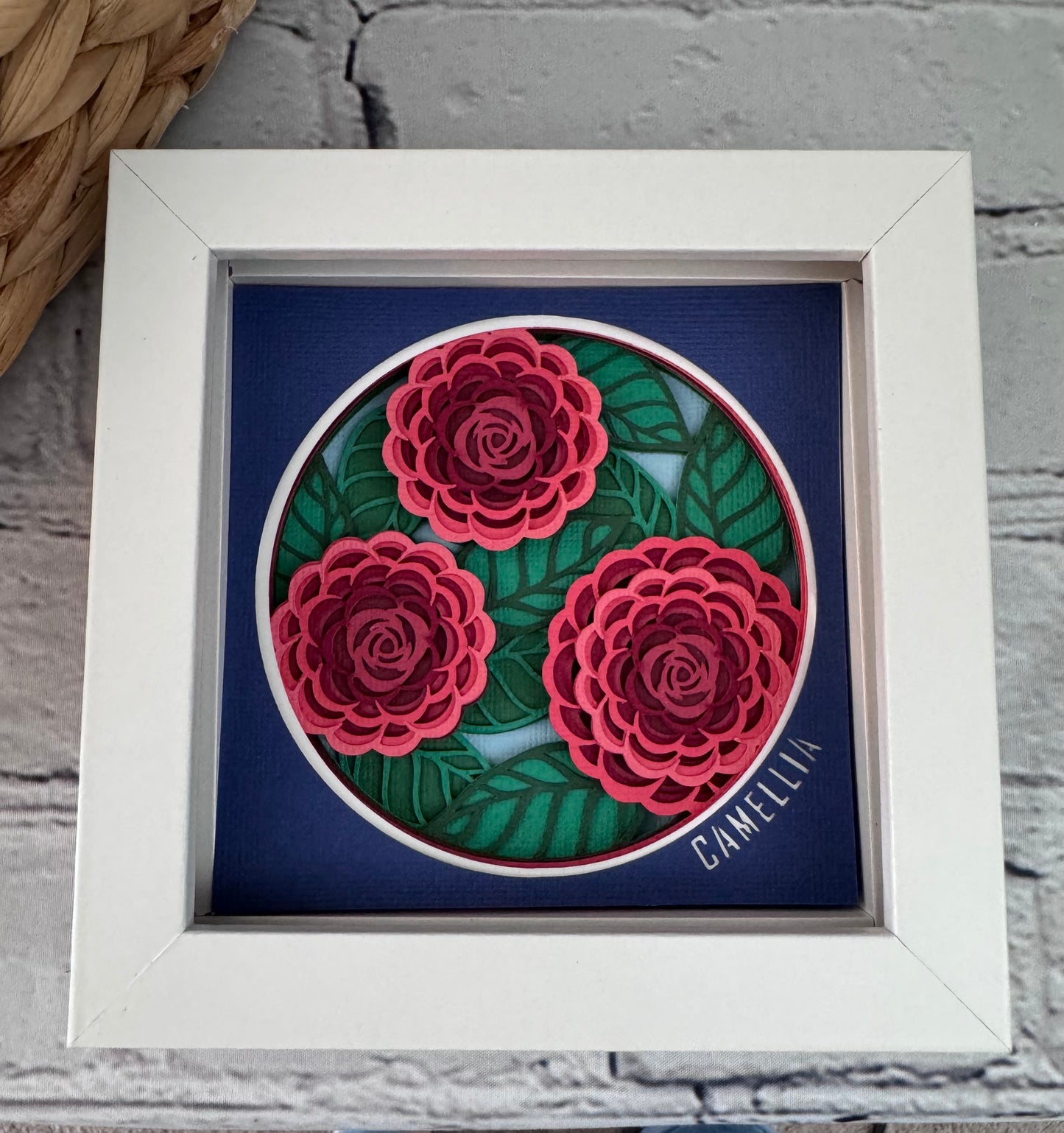 Camellia mini 3D paper art in a shadowbox