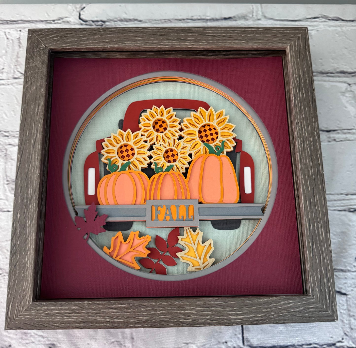 Fall truck with pumpkins and sunflowers design 3D paper art in a shadowbox